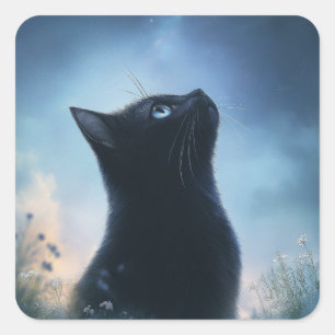 Black Cat Gazing at a Starry Sky Square Sticker