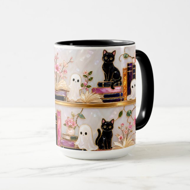 Black Cat Ghost Books Mug Cute Halloween Gift (Front Right)