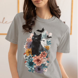 Black Cat Ghost Halloween floral  Tri-Blend Shirt