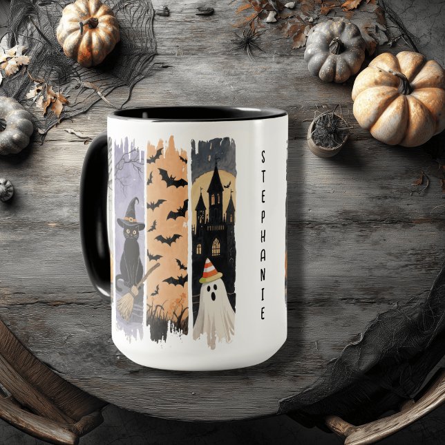 Black Cat, Ghost, Pumpkin, Bats & Haunted House Mug (Creator Uploaded)