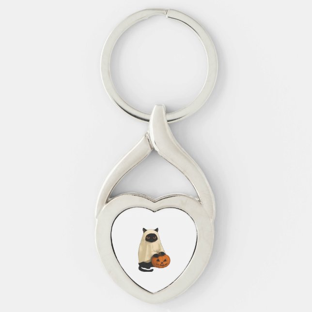 Black Cat Ghost with Pumpkin Essential T-Shirt Key Ring (Front)