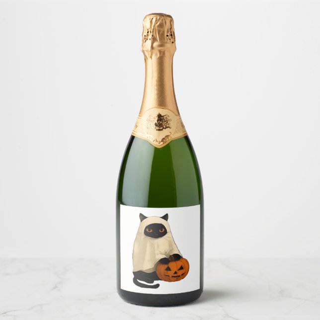 Black Cat Ghost with Pumpkin Essential T-Shirt Sparkling Wine Label (Front)