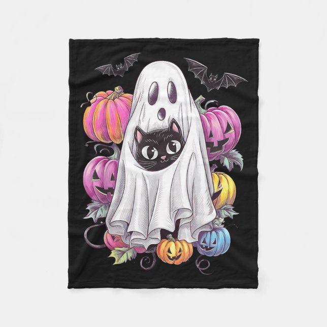 Black Cat Ghost With Pumpkins Spooky Halloween Fleece Blanket (Front)