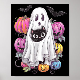 Black Cat Ghost With Pumpkins Spooky Halloween Poster