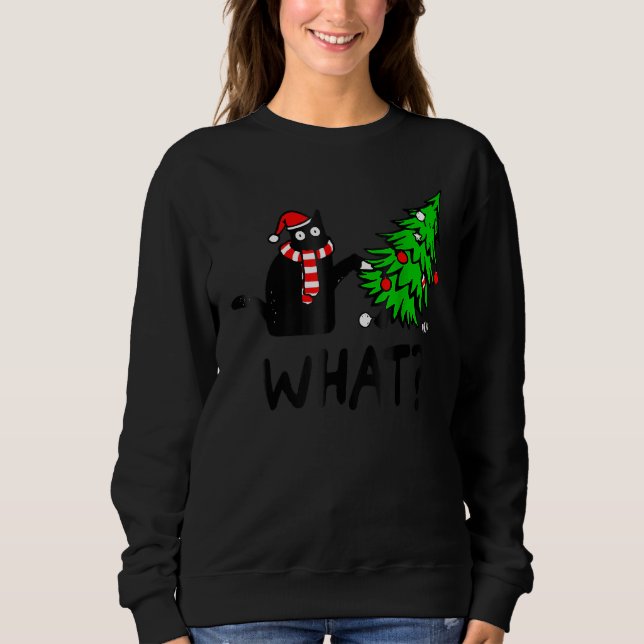 Black Cat Gift Pushing Christmas Tree Over Cat Wha Sweatshirt (Front)