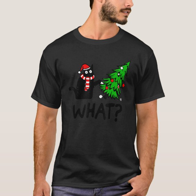 Black Cat Gift Pushing Christmas Tree Over Cat Wha T-Shirt (Front)