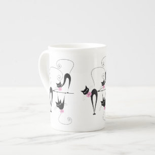 Black cat girly pink bone china mug