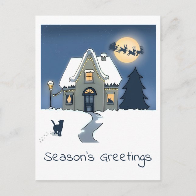 Black Cat going Home in Snowy Night with Santa  Holiday Postcard (Front)