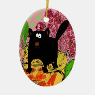 Black Cat & Goldfish add text Ceramic Ornament