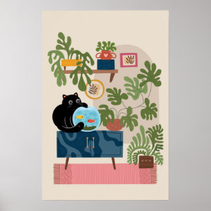 Black Cat Goldfish Playful Cat Lover Poster
