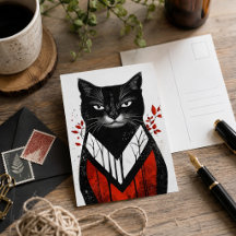 Black Cat Gothic Art Red Black Modern Feline