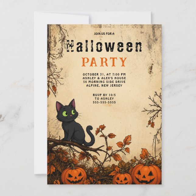Black Cat Gothic Halloween Party Invitation (Front)