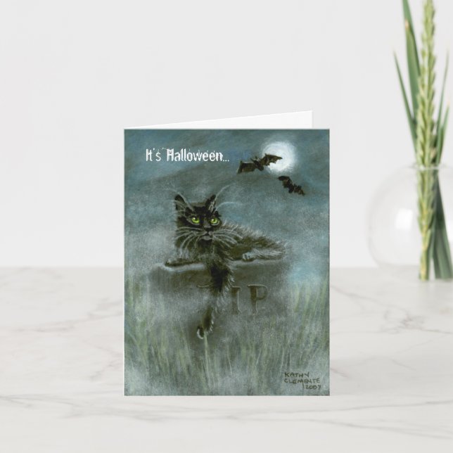 Black Cat Graveyard Bats Moon, It's Halloween... Card (Front)