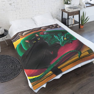 Black Cat Green Dragon Fleece Blanket