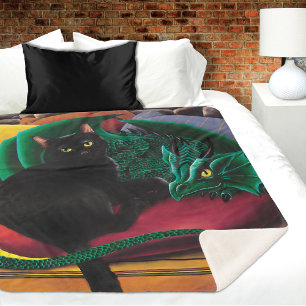 Black Cat Green Dragon Sherpa Blanket