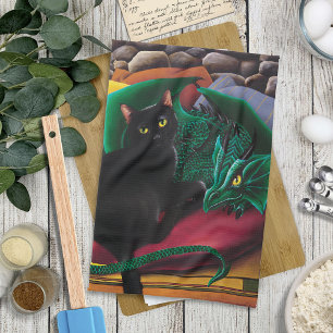 Black Cat Green Dragon Tea Towel