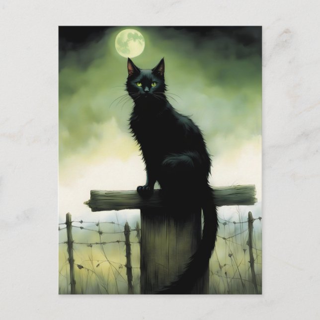 Black Cat, Green Eyes, and Glowing Moon Postcard (Front)