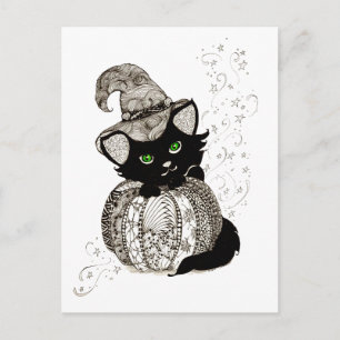 Black Cat Green Eyes Pumpkin Postcard