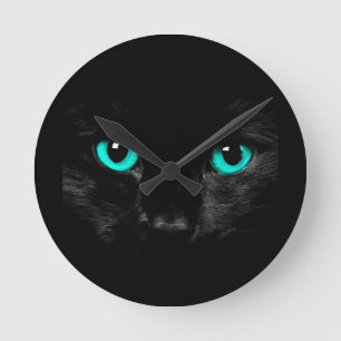 Black Cat Green Eyes Round Clock