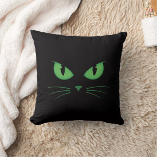 Black Cat Green Eyes Spooky Cushion