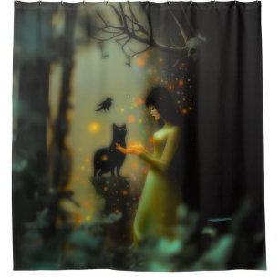 Black Cat Green Forest Occult Dark Witchy AI Art Shower Curtain