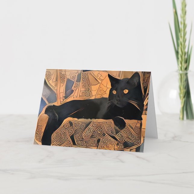 Black Cat Greeting Card, Greek Inspired, Blank Card (Front)