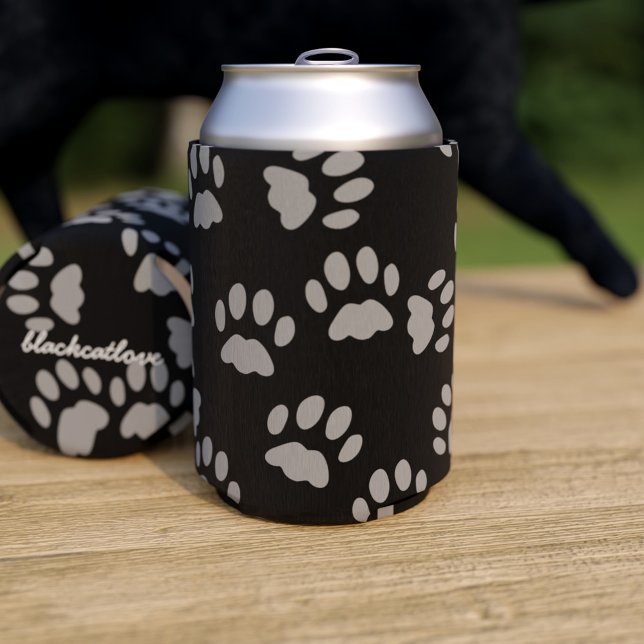 Black Cat Grey Paw Prints Personalised Can Cooler (You can add your name to the bottom of this can cooler so your Kitty knows it's yours.)