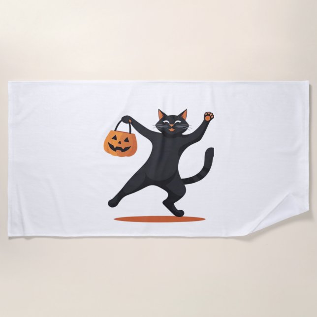 Black cat grooving at the Halloween bash, swinging Beach Towel (Front)