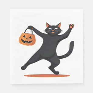 Black cat grooving at the Halloween bash, swinging Napkin
