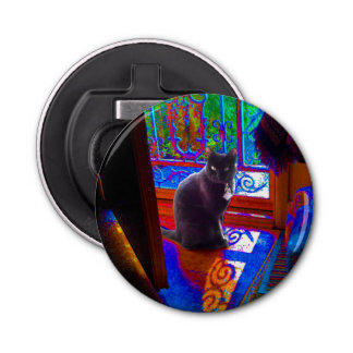 Black Cat Guards a Psychedelic Doorway Bottle Opener
