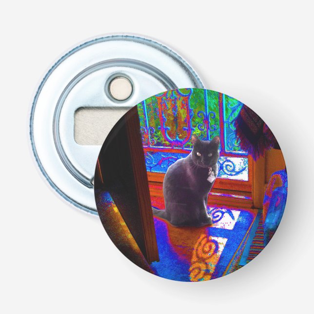 Black Cat Guards a Psychedelic Doorway Bottle Opener (Front)