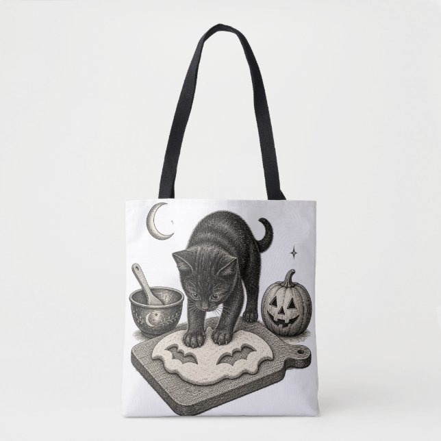 Black Cat Halloween Baking Tote Bag (Front)