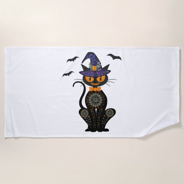 Black Cat Halloween Beach Towel (Front)
