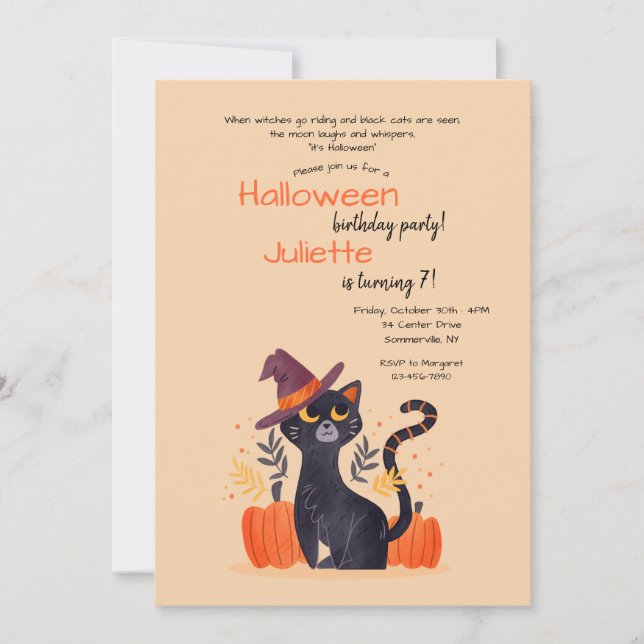 Black Cat Halloween Birthday Party Invitation (Front)