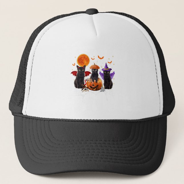 Black Cat Halloween, Black Cat Sitting On Pumpkin  Trucker Hat (Front)