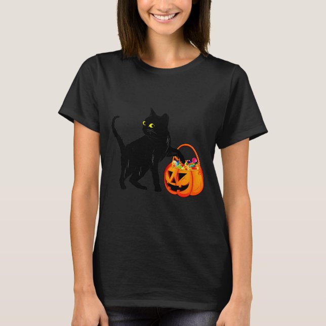 Black Cat Halloween Candy Pumpkin Bag Sweet Lollip T-Shirt (Front)