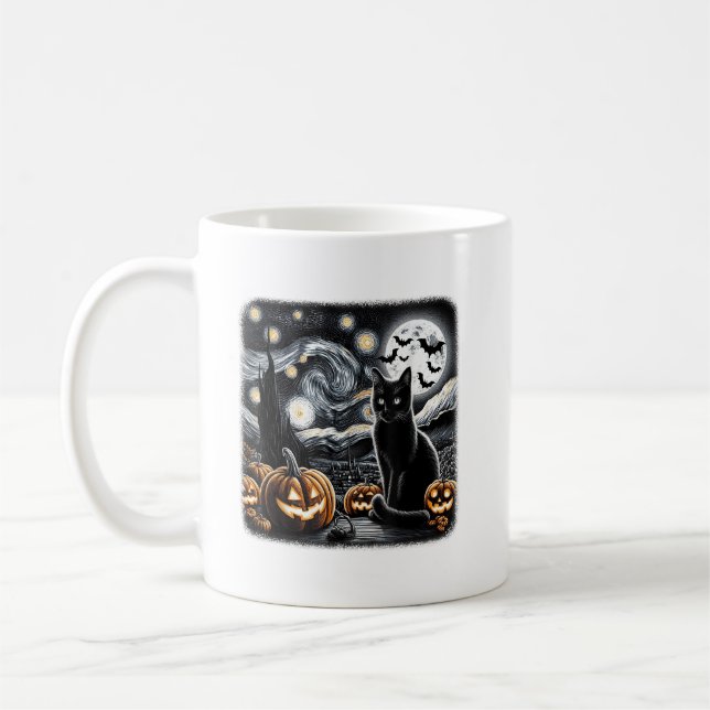 Black Cat Halloween Cat Lovers Starry Night Cat Va Coffee Mug (Left)