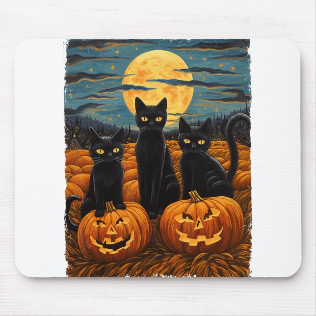 Black Cat Halloween Cat Lovers Starry Night Cat Va Mouse Pad (Front)