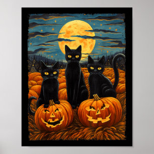 Black Cat Halloween Cat Lovers Starry Night Cat Va Poster