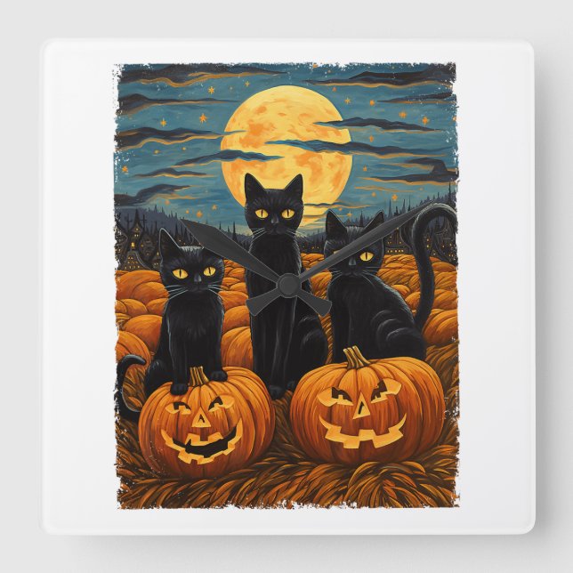 Black Cat Halloween Cat Lovers Starry Night Cat Va Square Wall Clock (Front)