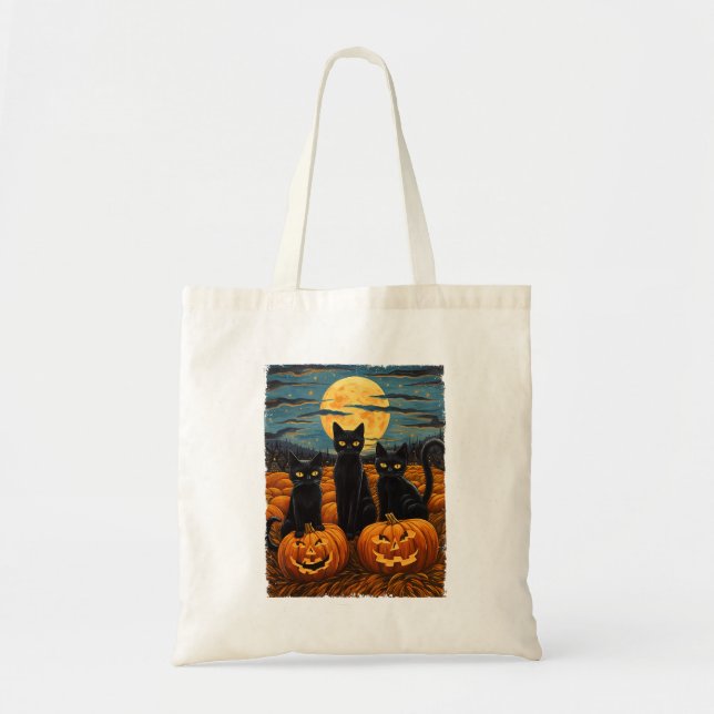 Black Cat Halloween Cat Lovers Starry Night Cat Va Tote Bag (Front)