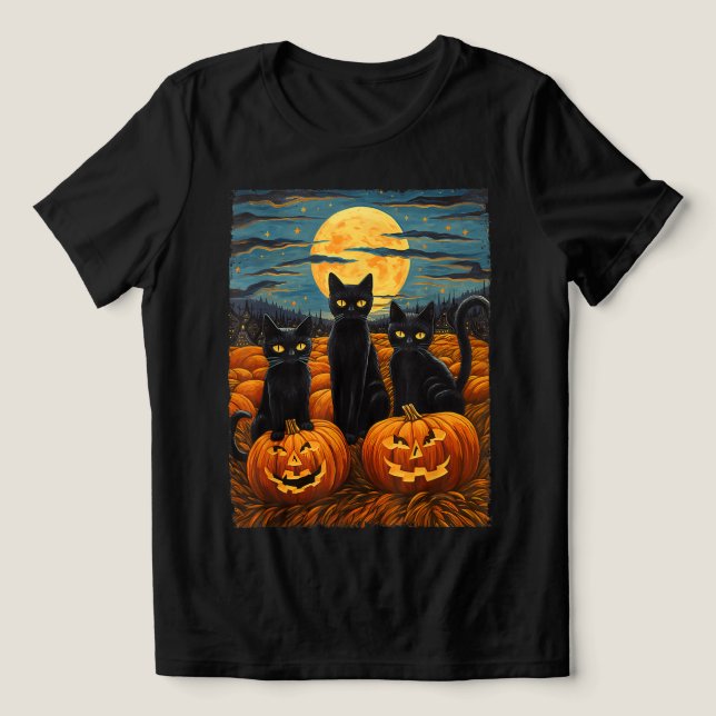 Black Cat Halloween Cat Lovers Starry Night Cat Va Tri-Blend Shirt (Design Front)