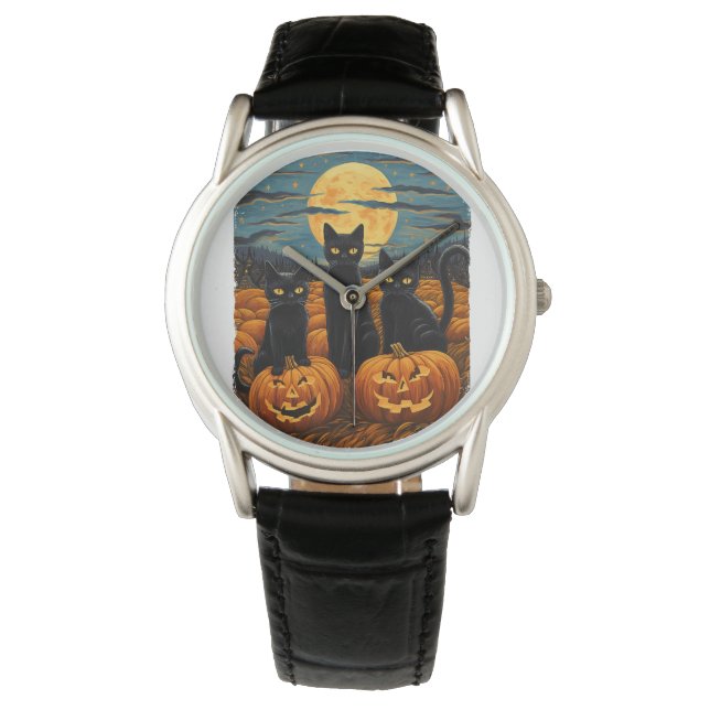 Black Cat Halloween Cat Lovers Starry Night Cat Va Watch (Front)