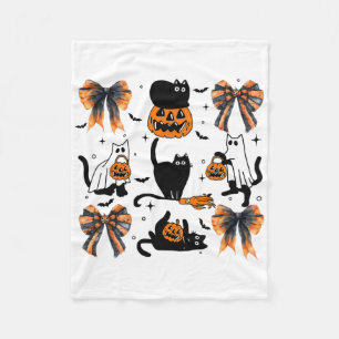 Black Cat Halloween Coquette Bow Halloween Pumpkin Fleece Blanket