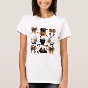 Black Cat Halloween Coquette Bow Halloween Pumpkin T-Shirt