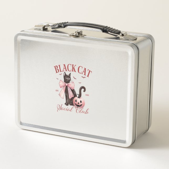 Black Cat Halloween Coquette Social Club Pink Bow  Metal Lunch Box (Front)