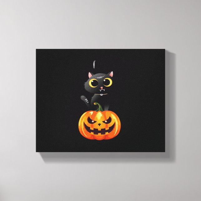 Black Cat Halloween Design – Spooky Pumpkin Art fo Canvas Print (Front)
