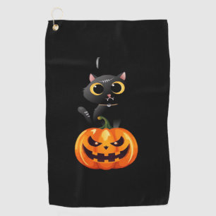 Black Cat Halloween Design – Spooky Pumpkin Art fo Golf Towel