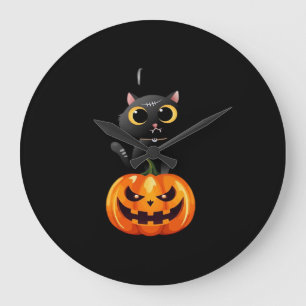 Black Cat Halloween Design – Spooky Pumpkin Art fo Large Clock