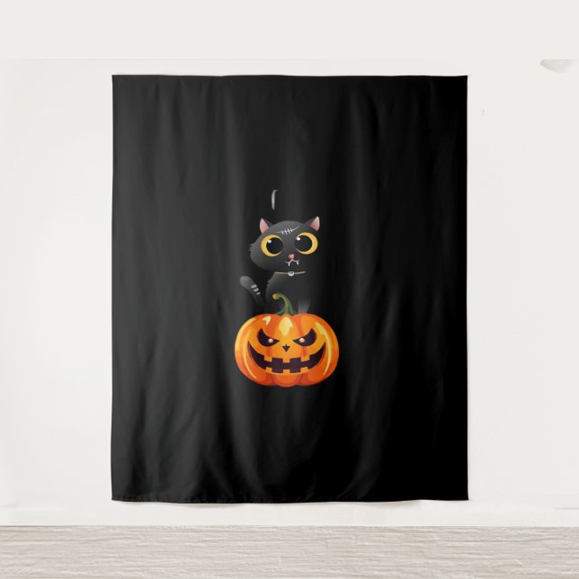 Black Cat Halloween Design – Spooky Pumpkin Art fo Tapestry (Front)